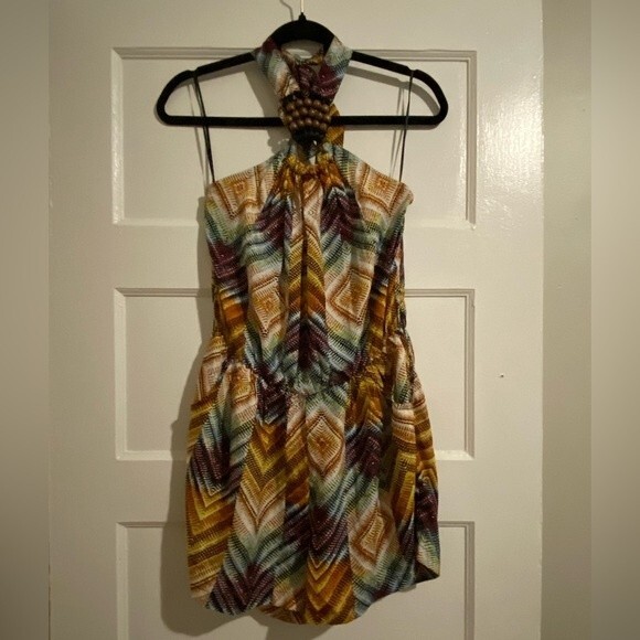 I.Q. Authentic Brand Colorful Diamond Textured Tie Neck Beaded Ring Romper - Picture 1 of 16